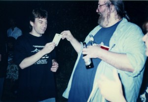 Lucius Shepard bestowing gift to Bob Kruger at last Clarion West '97 party.